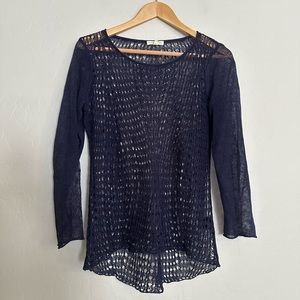 Eileen Fisher Open Knight Lightweight Pullover Sweater Organic Linen Size S Navy